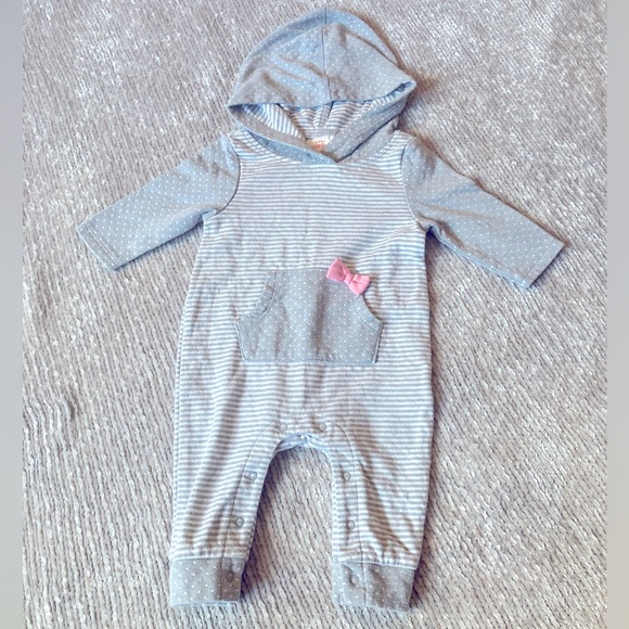 Baby Girl Jumpsuit Romper Stripes Polka Dots Pink Bow Hood Size 0-3 Months - Picture 1 of 4